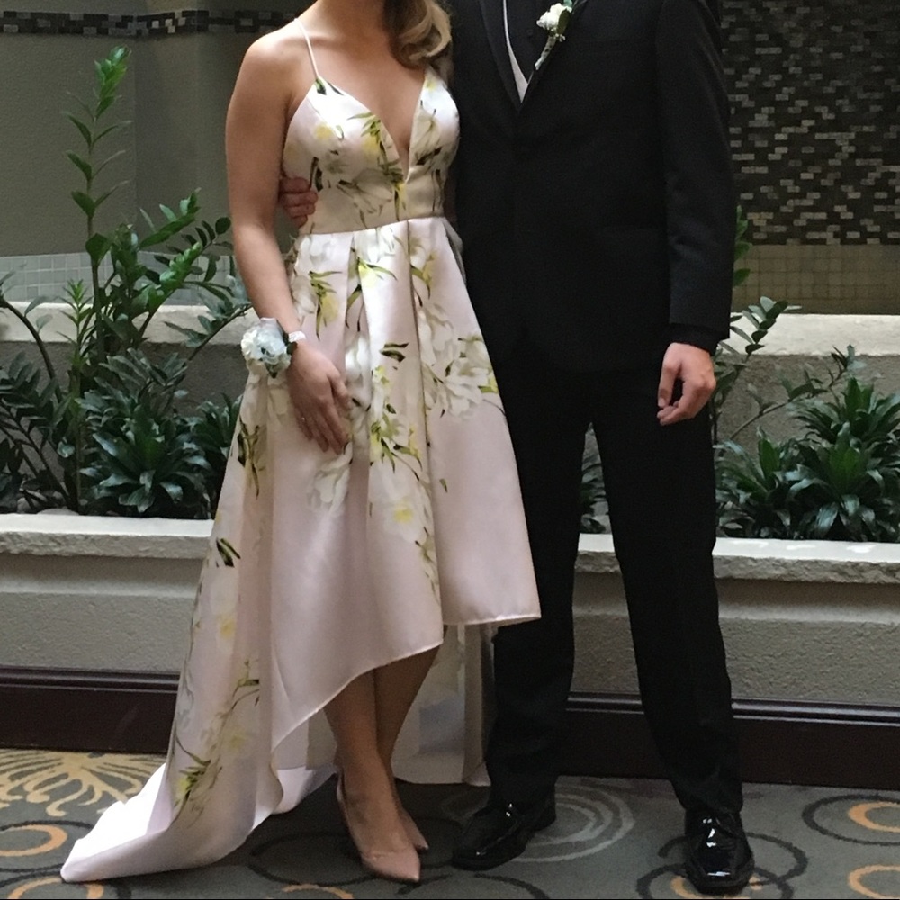 Floral Mikado Crossback High-Low Ball Gown